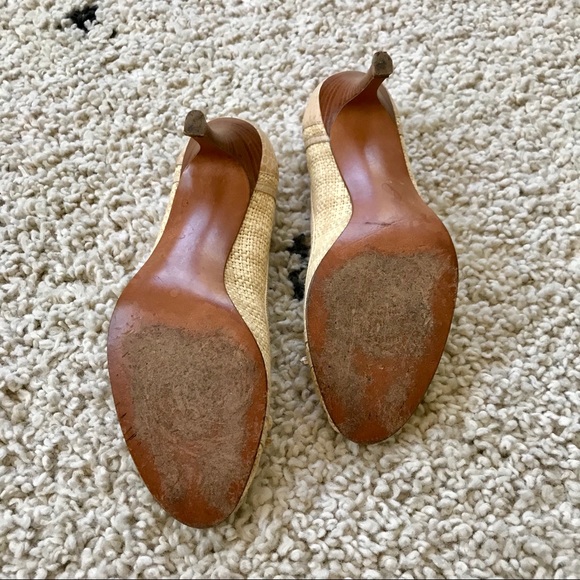 Stuart Weitzman Toesie Cream Raffia Peep Toe Heels - Picture 5 of 7